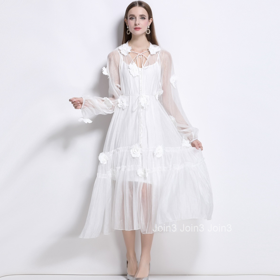 8076 New Elegant Three-Dimensional Flower Embroidery Lace-Up Long Dress Beach Dress with Strap