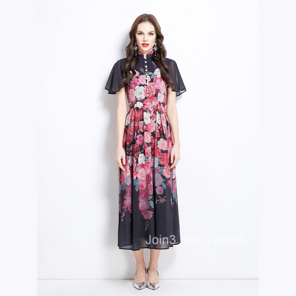 2723 Spring/Summer New Small Flutter Sleeve Ruffle Floral Color Waist-Cinching Stand Collar Dress