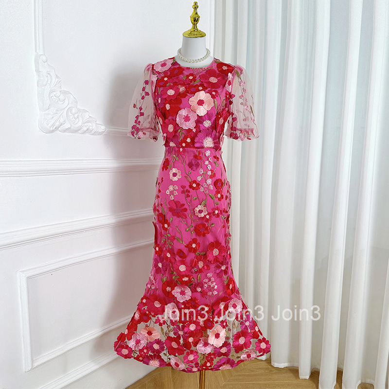 597 Heavy Craft Handmade Three-Dimensional Colorful Embroidery Puff Sleeve Bodycon Elegant Mermaid Dress
