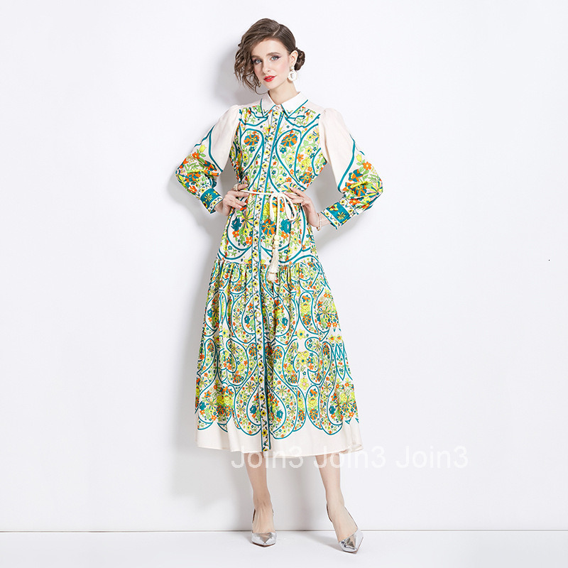 1210 Spring and Autumn New Cotton Linen Turn-Down Collar Lantern Sleeve Printed Long Dress