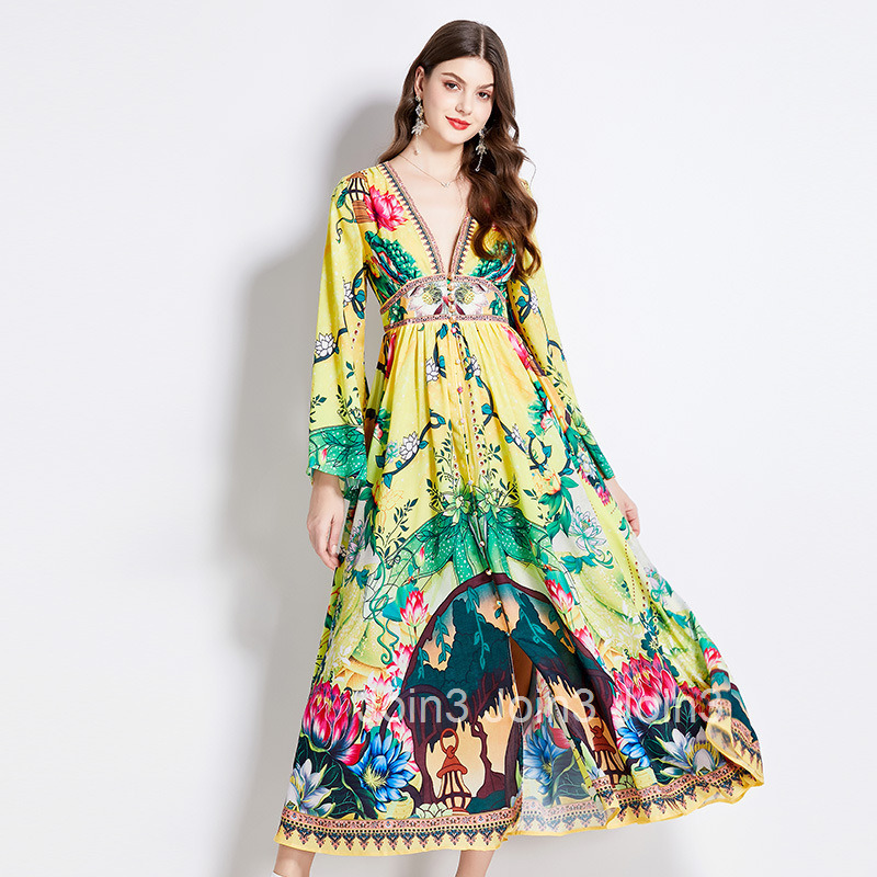 2537 Spring and Autumn New Womens Vacation Style Printed Elegant V-neck Long Sleeve Waist-cinching Flared Dress