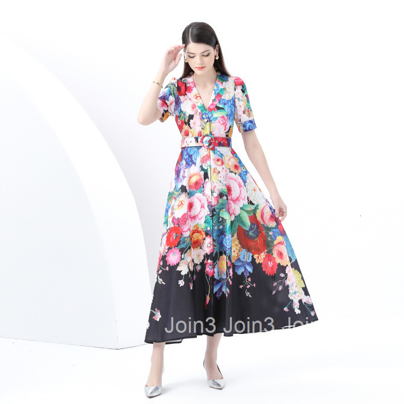 6073 Early Spring New Womens Vacation Style Suit Collar Short Sleeve Flared Printed Long Dress