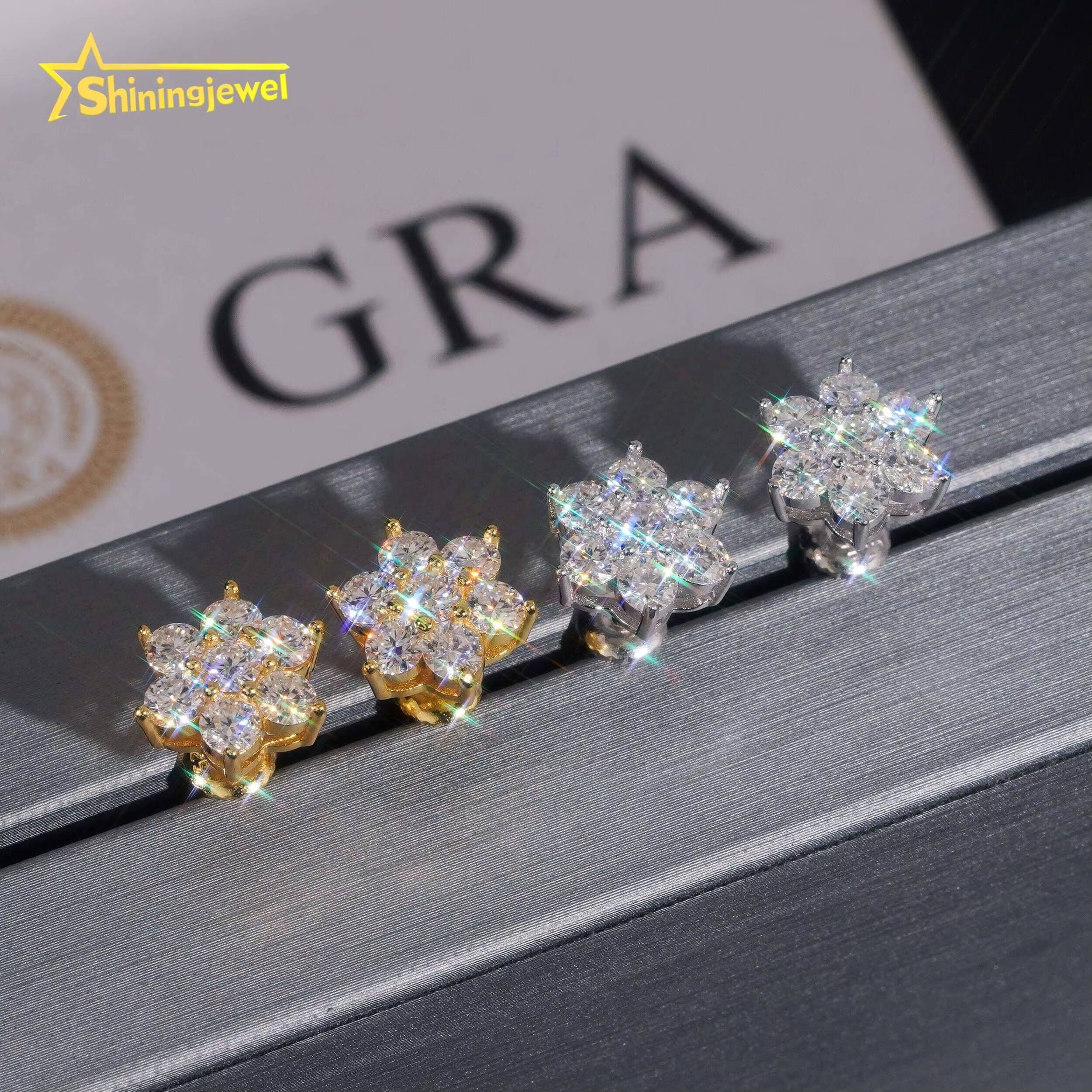 Hip Hop Mens Screw Back Cluster Snowflake 925 Sterling Silver Gold Plated Moissainte Stud Earrings