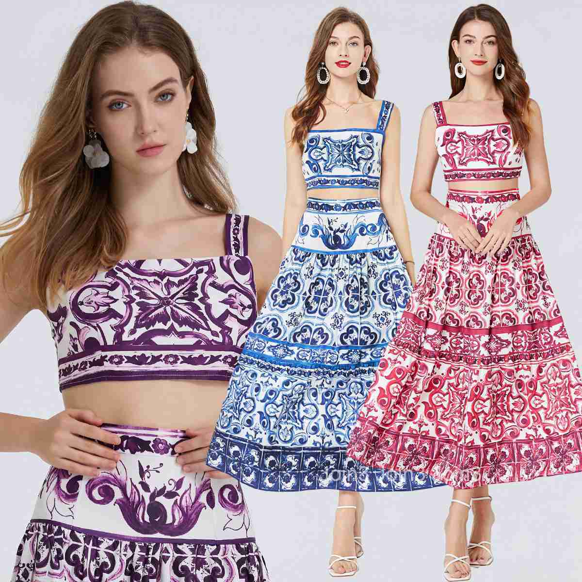 516 Summer Blue and White Porcelain Printed Set Womens Three Dimensional Belt with Chest Cushion Short strapless Strap and Hundred Fold Half Skirt Two