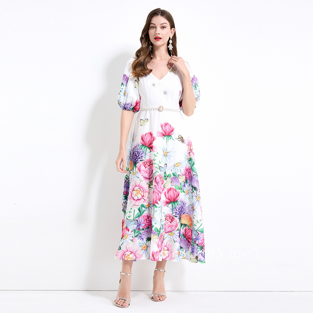 2173 Collar Bubble Sleeve Sub Fried Dough Twists Fairy Print seaside resort style waist ruffle skirt