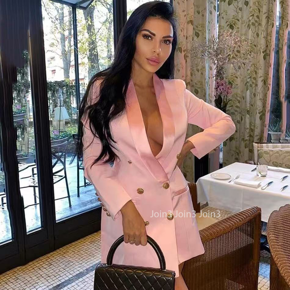Spring Autumn Solid Blazer For Women Pink Sexy Long Sleeve Double-Breasted Slim Coat Top Female Fashion Clothes New Trench Coats