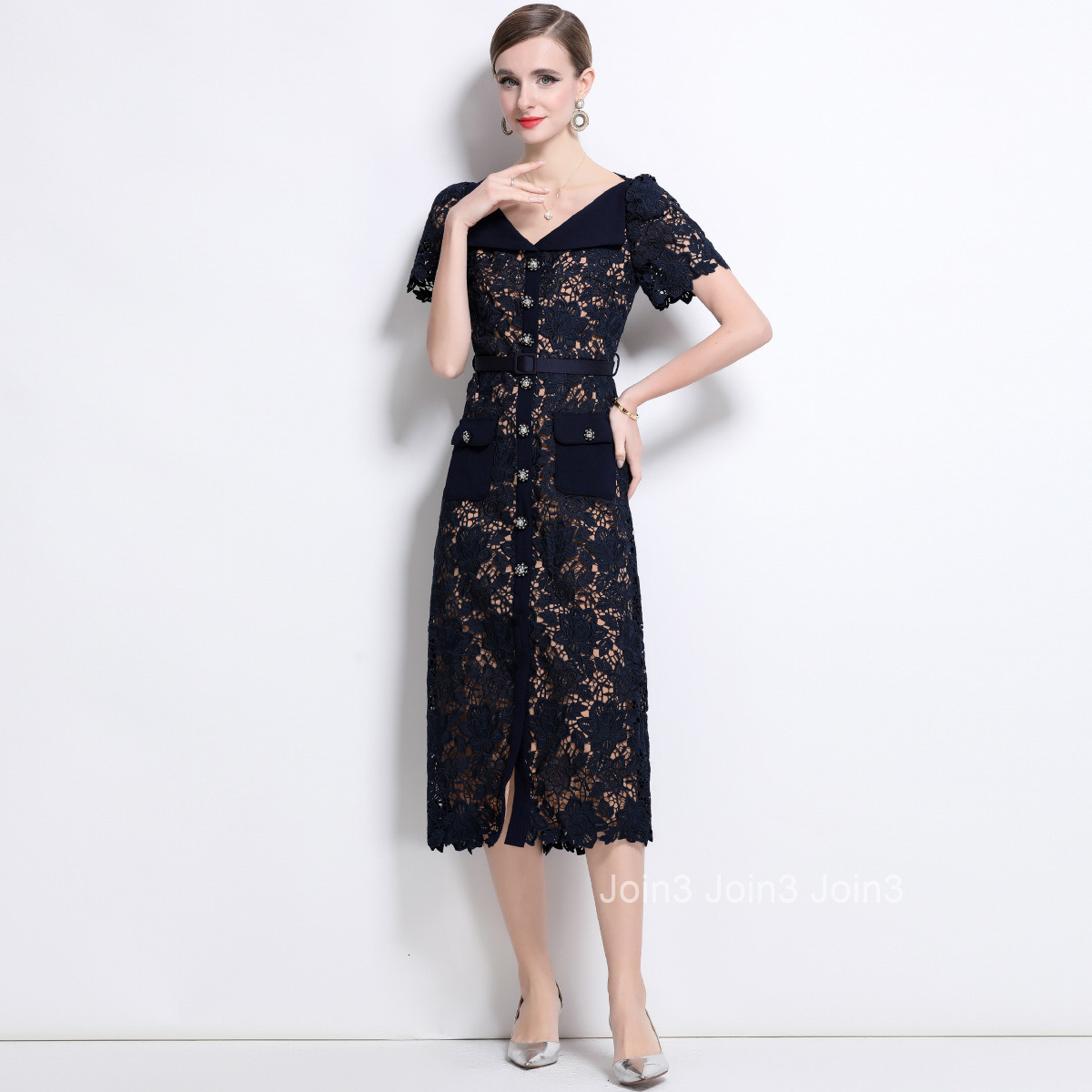 1695 Fairy Dress Three-Dimensional Jacquard Hollow Water-Soluble Lace Waist-Cinching Mid-Length Dress with Belt