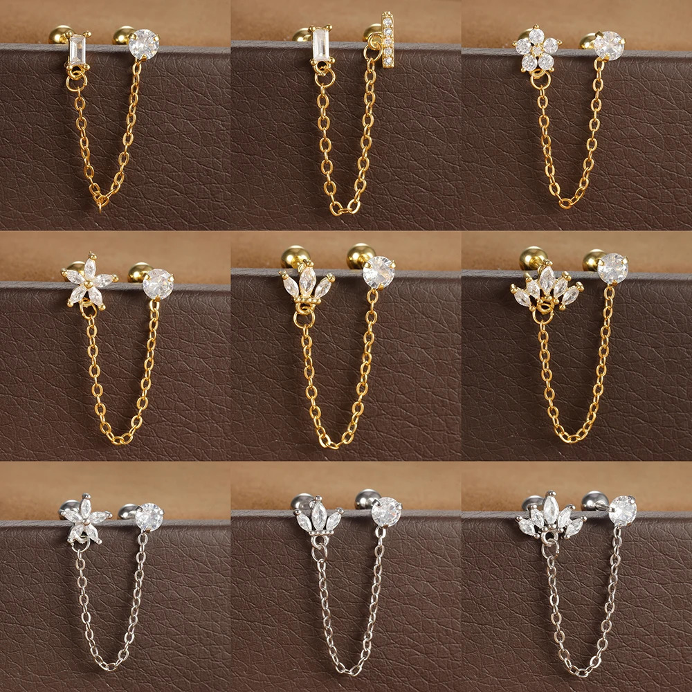 Stainless Steel Zircon Crown Stud Earrings For Women 18K Gold Plated Double Studs Chain Tassel Piercing Earring Fashion Jewelry 250715