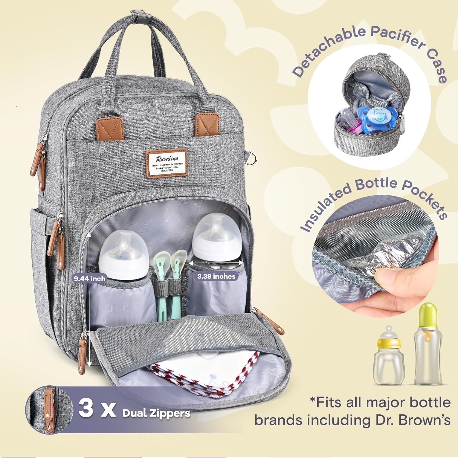 DHYMX RUVALINO Backpack-Multifunction Travel Baby Diaper Bag with Changing designer bag Pad, Insulated Bottle Holders & Pacifier Case, Large Capacity,