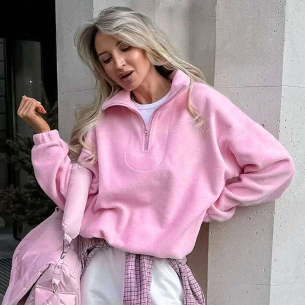 Winter Lamb Fleece Hoodie Women Clothing Casual Loose Thick Zipper Long Sleeve Lapel Pink Pullover Top Lady Hoodies Streetwear