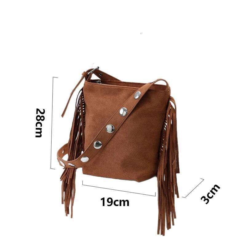Vintage Faux Suede Messenger Bags For Women Designer Handbag Purses 2025 New In Rivet Trim Tassel Small Underarm Shoulder