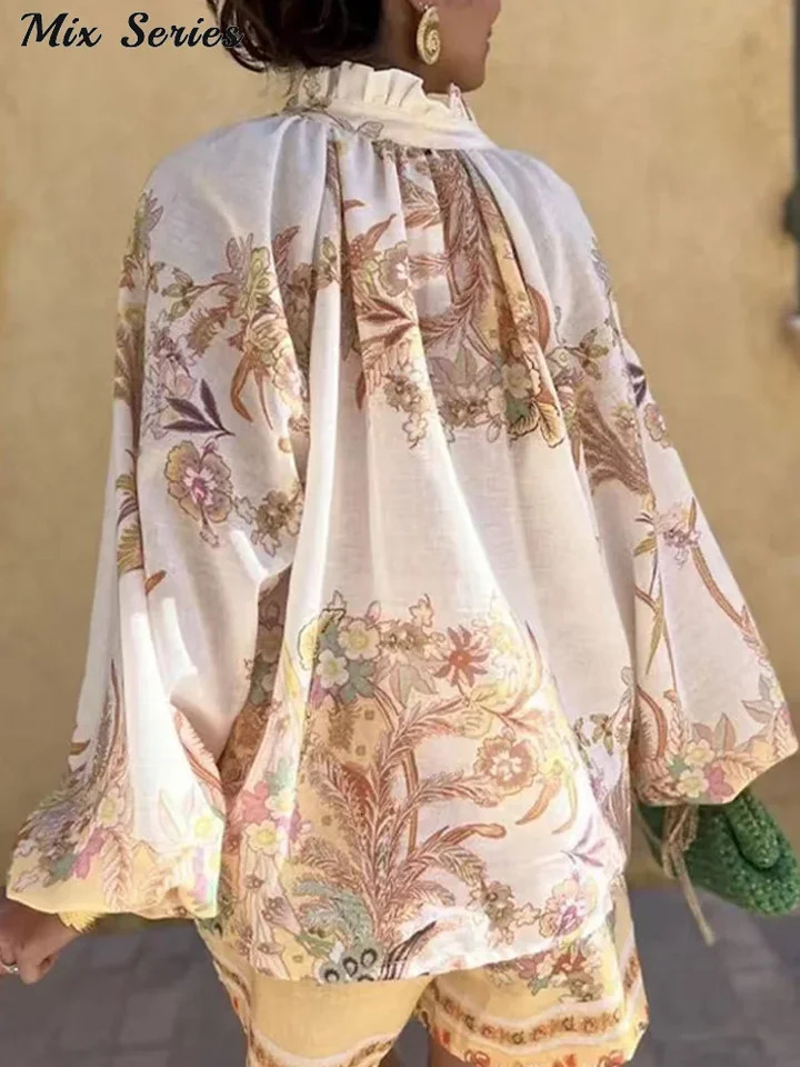 Casual Print Tops Shorts Sets Loose Stand Collar Lantern Sleeve Top High Waist Short Pant 2025 Summer Lady Vacation Suit 250717