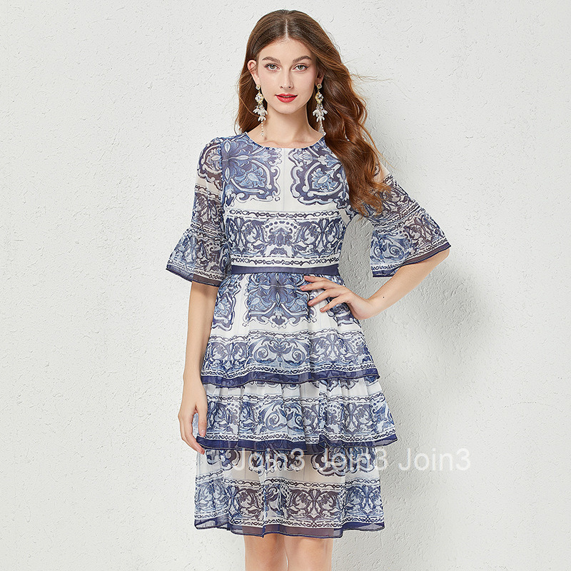 503 Summer New Womens Blue and White Porcelain Print Flared Sleeve 3-Layer Cake Dress Big Hem Dress