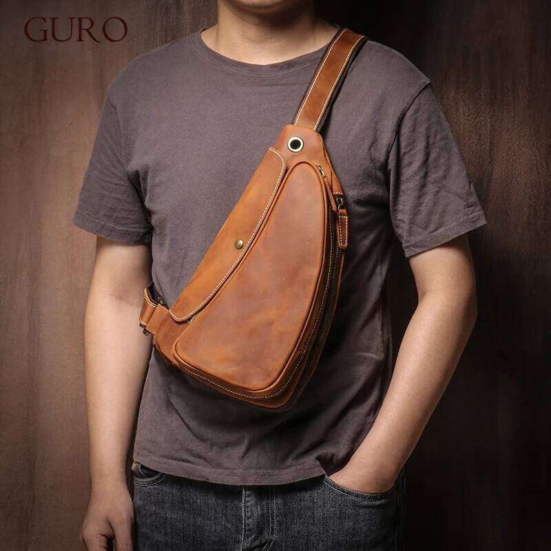 GURO High Quality Genuine Leather Travel Chest Bag Male satchel Vintage Trend Crossbody Weekend Outdoor Sports Sling Bags
