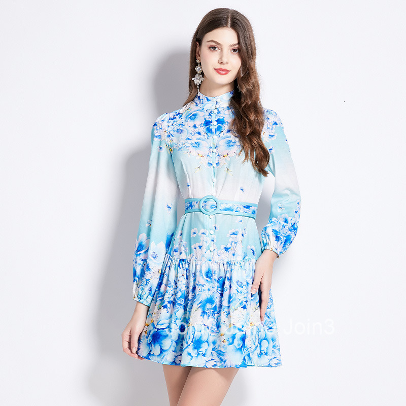 2762 Spring Summer New Womens Clothing Holiday Style Floral Oil Painting Style Stand Collar Long Sleeve Short Dress