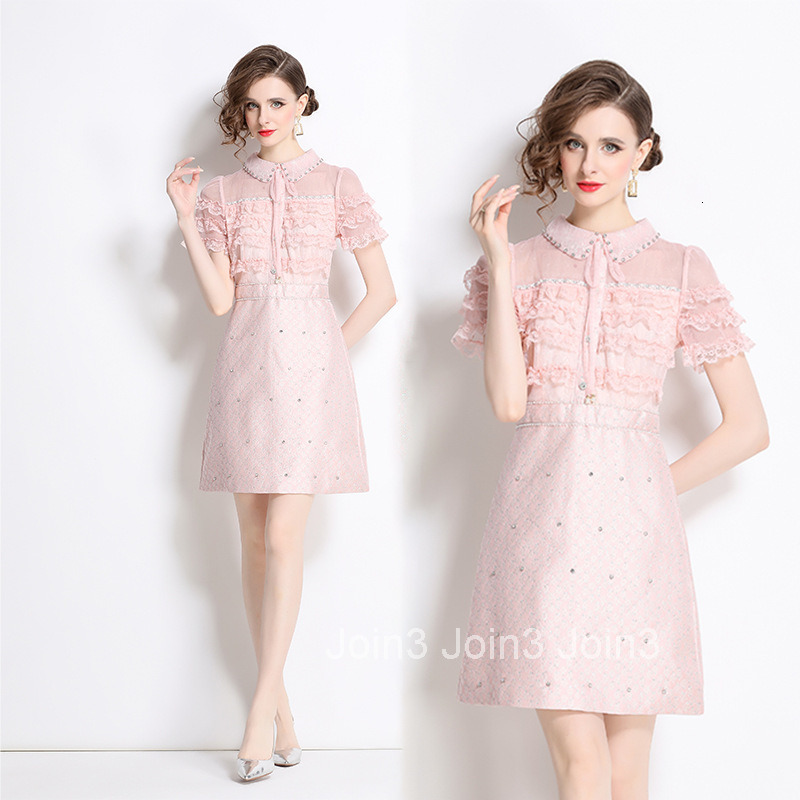 8019 Summer New Womens Fashion Elegant Slim Fit Short Sleeve Pink Short Dress
