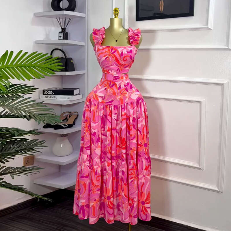 European and American Women's New Printed Short Vest High Waist Flared Skirt Fashion Casual Set