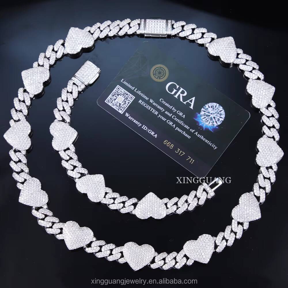 Heart Shape 925 Silver Diamond Cuban Link Chain Necklace Iced Out Hip Hop VVS Moissanite Cuban Chain for Man