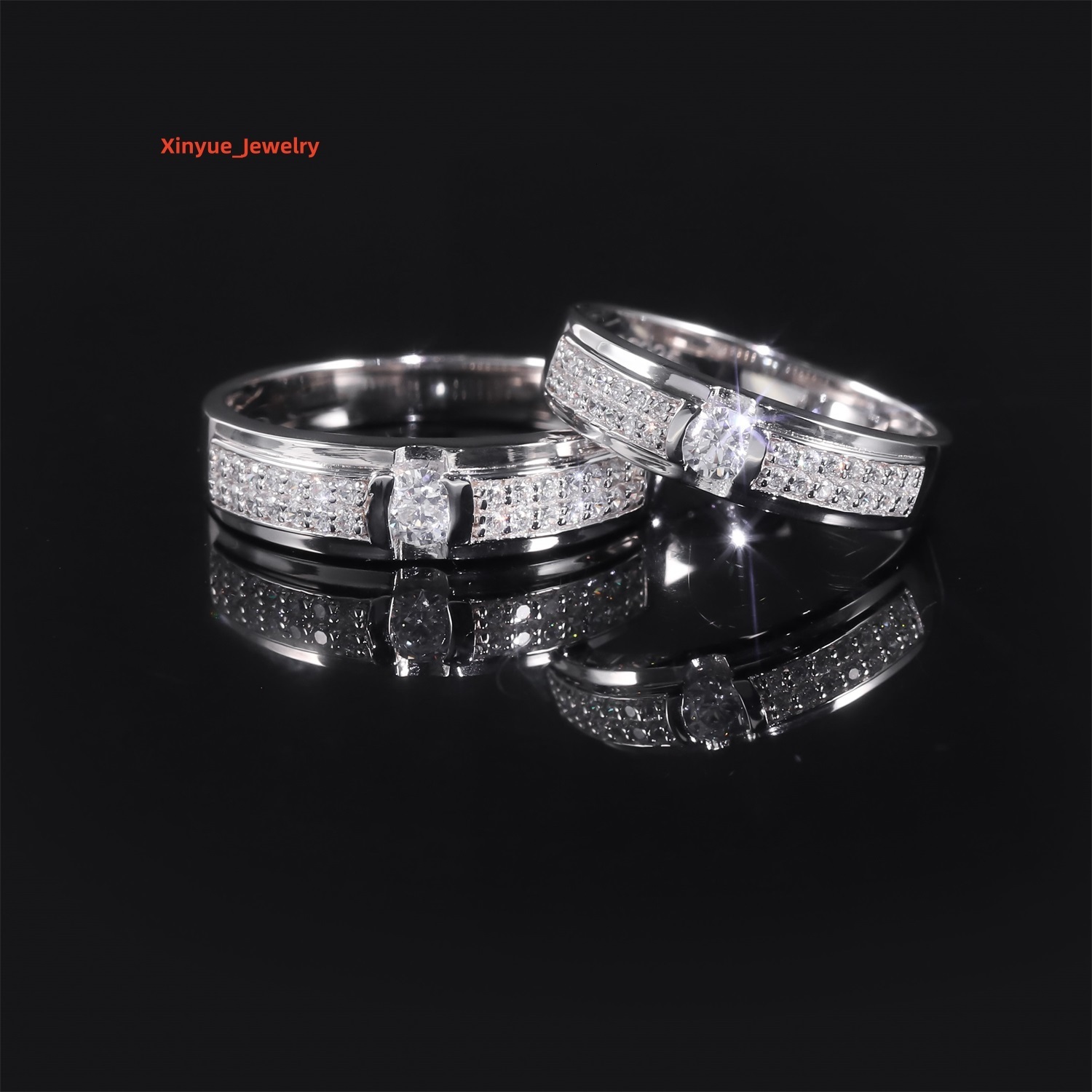 Abiding High-end Designer Gold Plated 925 Sterling Silver Half Eternity Band Moissanite Couple Ring Set Men Women Wedding Band
