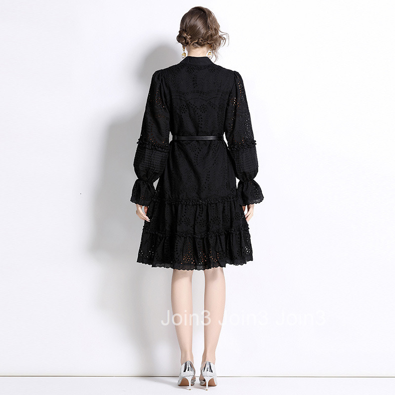 6572 Spring and Autumn New Womens Fashion Elegant Casual Stand Collar Single-Breasted Embroidered Hollow Out Ruffle Dress