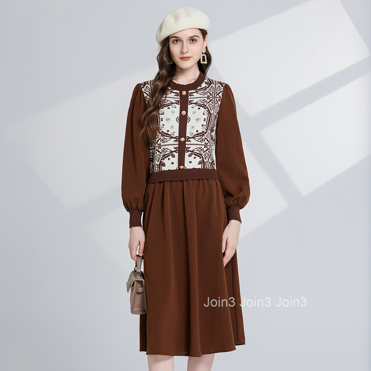 5389 Autumn/Winter New Womens Classic Jacquard Pattern Round Neck Long Sleeve Waist Splicing Dress