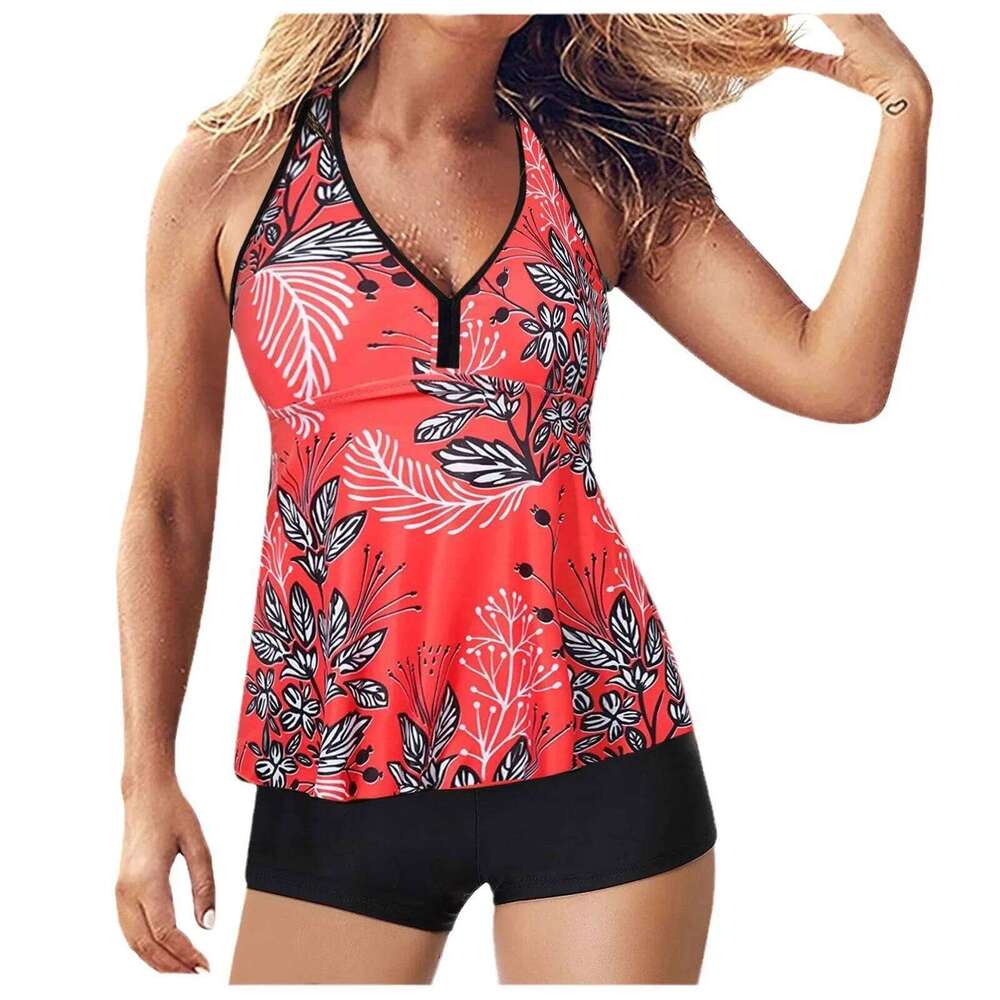Conservative Belly Covering Floral Print Bikini Set Women's Separate Swimsuit Tankini Flat Briefs Chinese Brand AE Stock