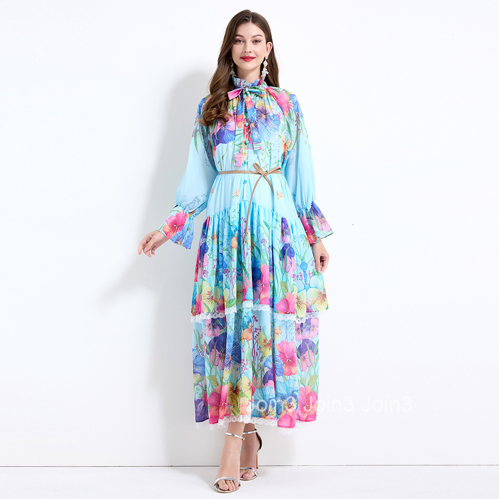 2174 Spring New Womens Clothing Vacation Style Lace Cake Dress Floral Print Waist-Cinching Long Dress - Two-Piece Set