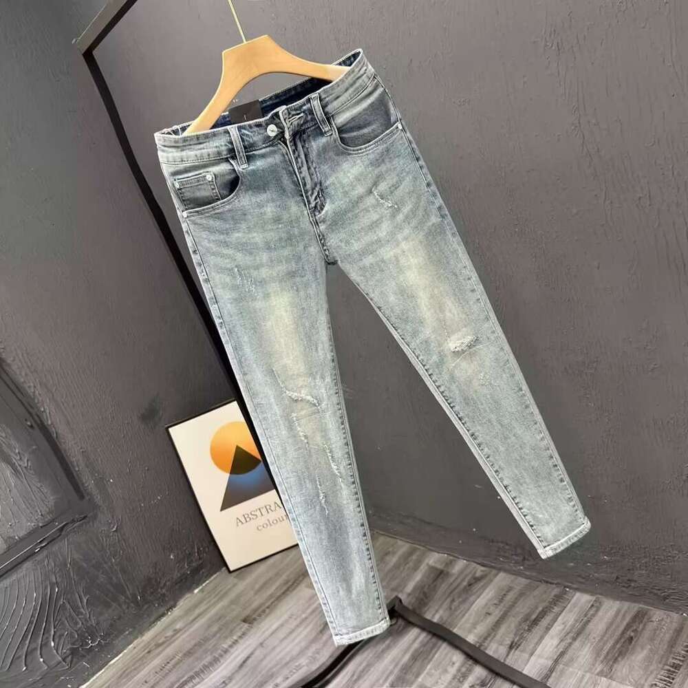 Summer Distressed Light-colored Wear-resistant Jeans for Men, Nine-tenths Length, Trendy Brand, Stylish Korean Version, Versatile Slim Fit, Skinny 9/1