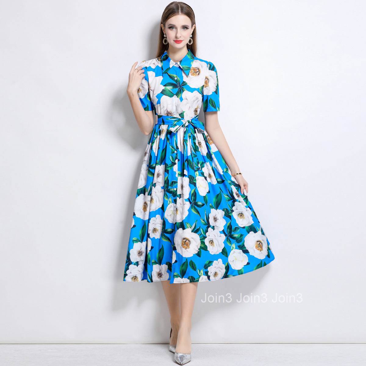 6838 Summer New Womens Clothing Style Collar Short Sleeve Waist for slimming Printed Long Dress