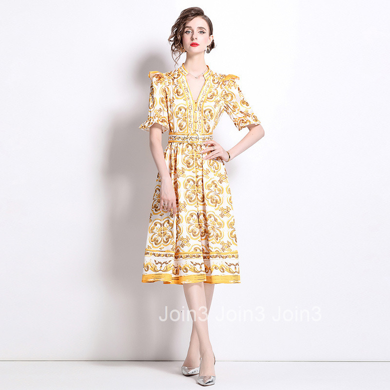 6073 Fashion Elegance Style Stand Collar Single-Breasted Printed Dress