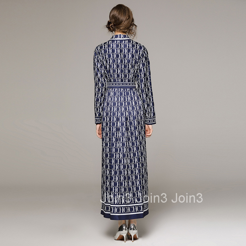 2028 Autumn New Womens Fashion Slim Waist Printed Dress