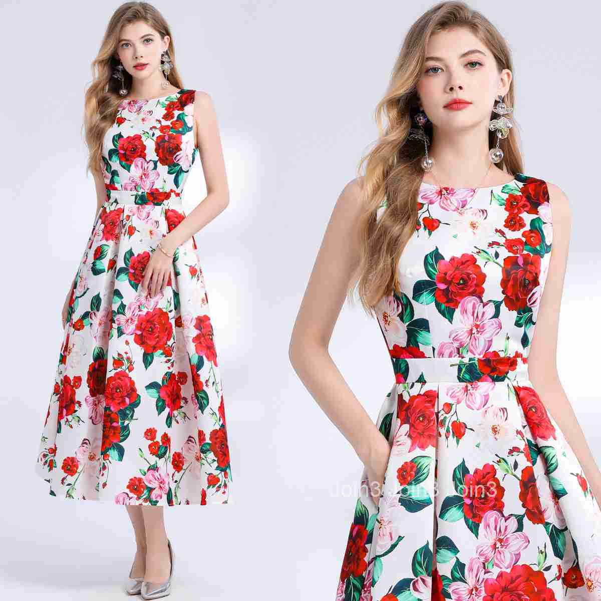 6015 Sleeveless High-Waisted Dress with Three-Dimensional Tailoring and Waist-Cinching A-Line Dress