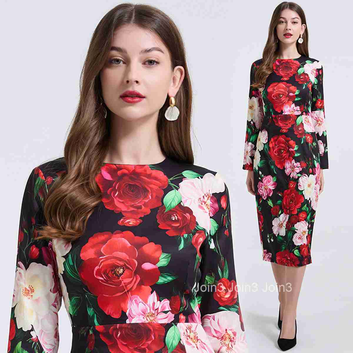 789 Elegant Rose Large Flower Slim Fit Bodycon Dress High Waist Round Neck Long Sleeve Dress