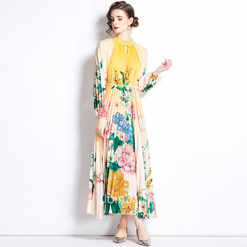 8586 Autumn New Womens Fashion Printed Lantern Sleeve Pleated Tassel Belt Flared Long Dress