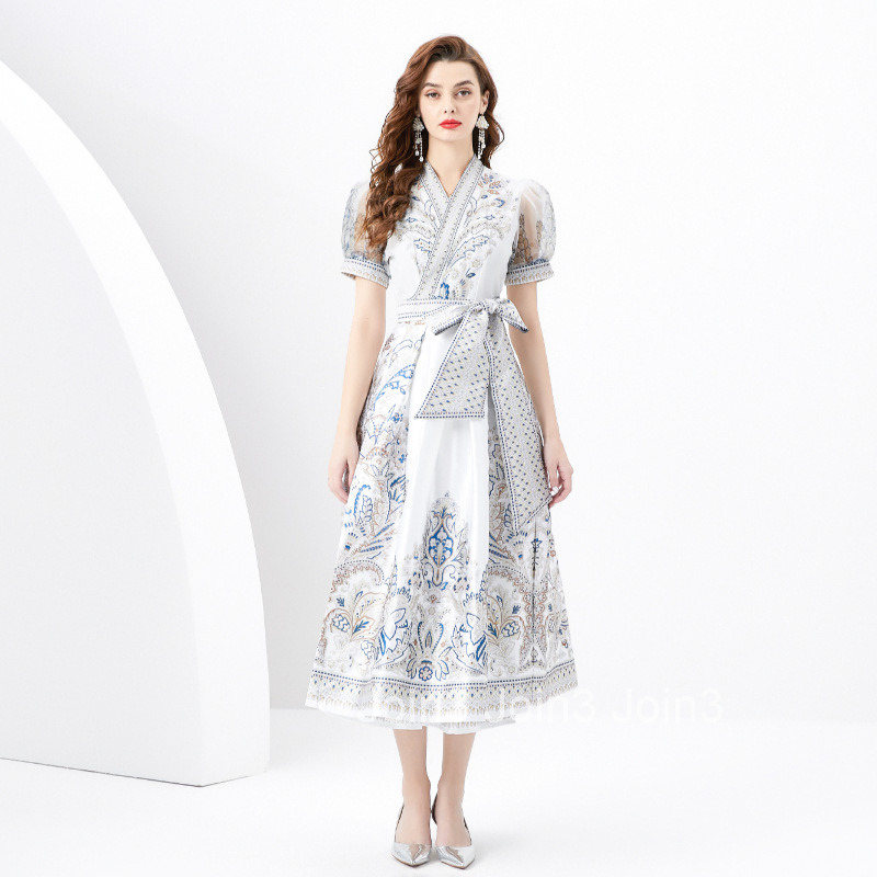 6237 Spring/Summer New Womens Vacation Wrap Strap V-neck Lantern Sleeve Printed Long Dress