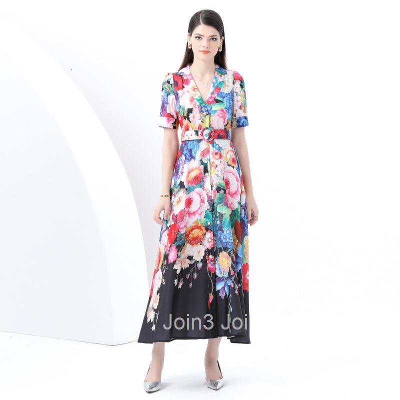 6073 Early Spring New Womens Vacation Style Suit Collar Short Sleeve Flared Printed Long Dress