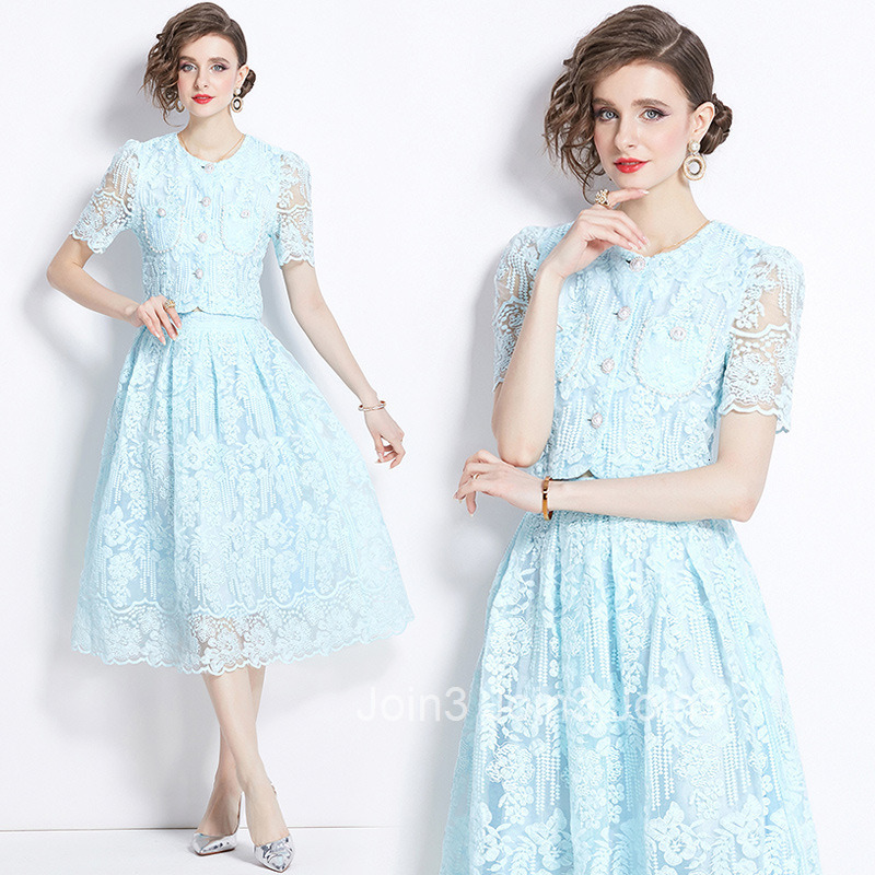 8562 Summer New Womens Fashionable Short Sleeve Set Water Soluble Lace Blouse + Skirt Two-Piece Set