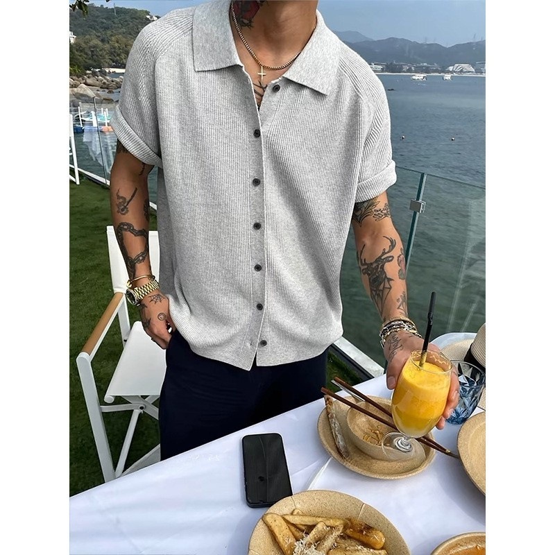 Old Money Style Turn-Down Collar Short Knitted Cardigan Men's Summer Thin Ice Silk High-End Casual Half Sleeve Shirt Jacket