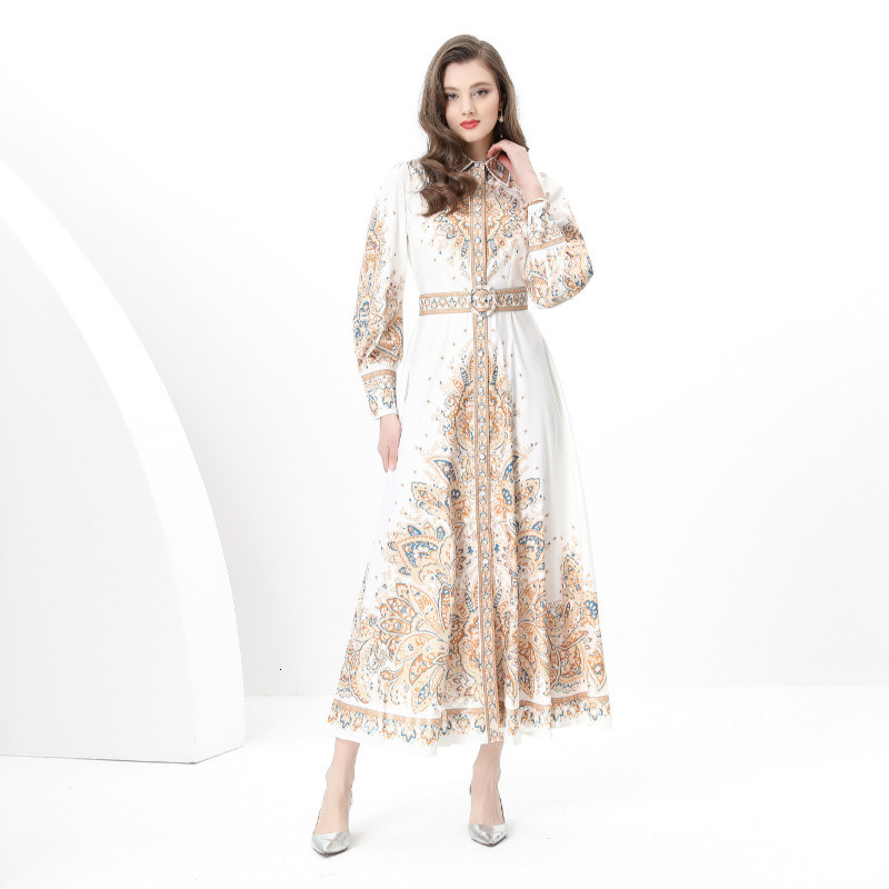 8855 Early Spring Elegance Style Turn-Down Collar Long Sleeve Waist-Cinching Wide Hem Printed Long Dress