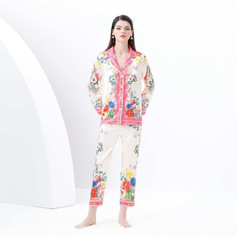 8822 Early Spring New Womens Casual Trimmed Pajama Set with Suit Collar Long Sleeve Long Pants Printed Two-Piece Set