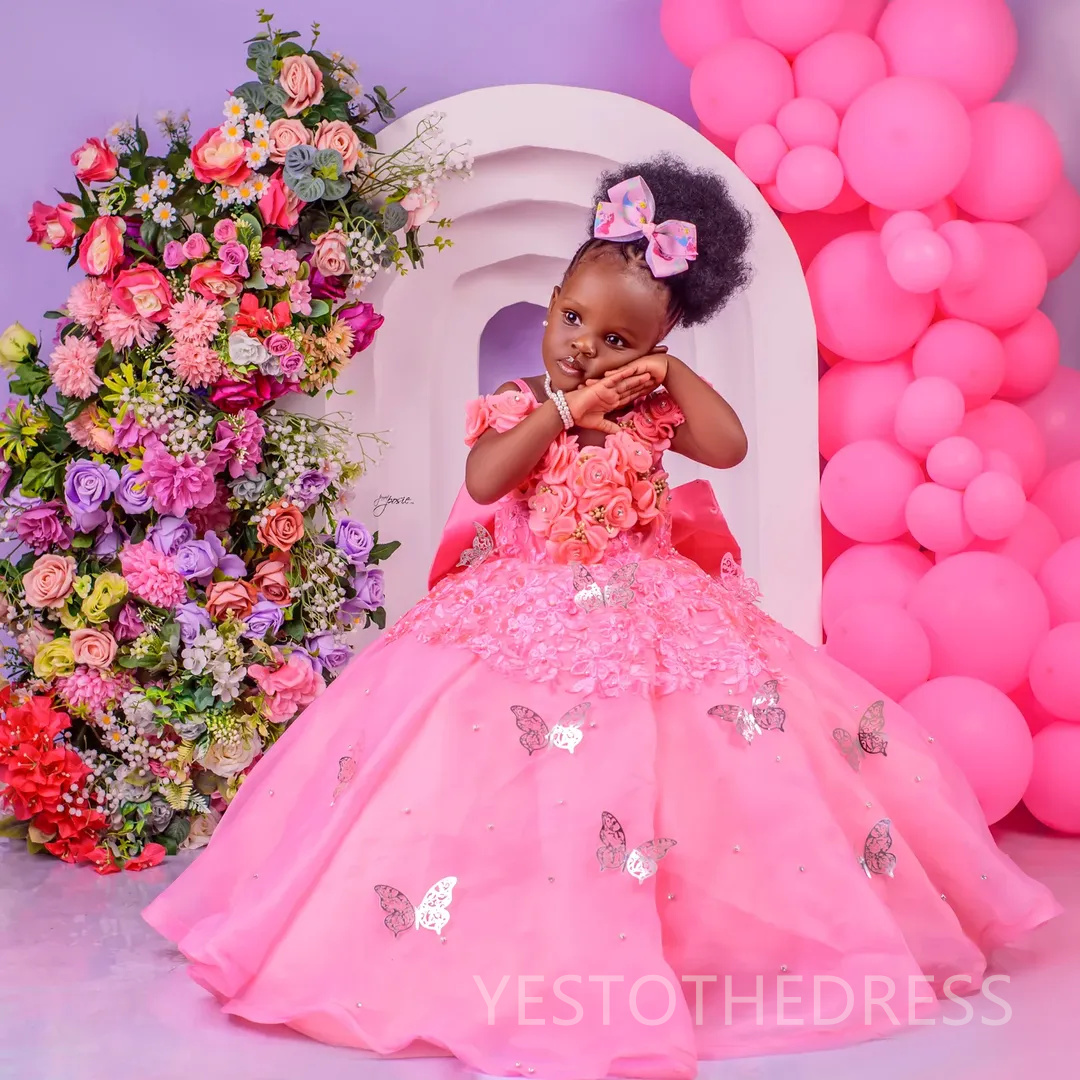 2025 Pink Flower Girl Dresses Children Birthday Dress Illusion Spaghetti Straps Flora Applique Beaded Lace Tiered Tulle Princess Queen Ball Gown For M