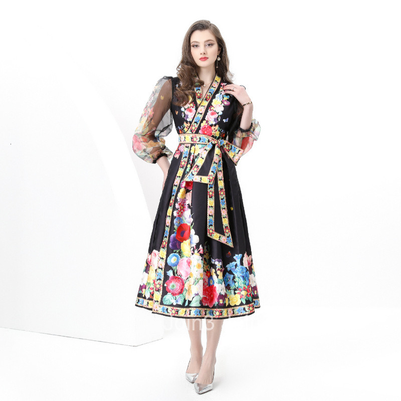 6095 Early Spring New Womens Vacation Wrap Tie V-neck Lantern Sleeve Long Dress Printed Dress