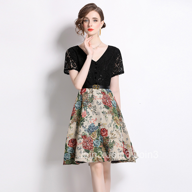 8571 French Style Elegant Lace Hollow Out Versatile Waist Tie Slimming Patchwork Dress Trendy