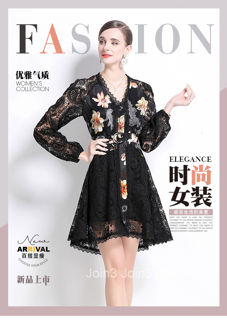 6962 Fashion Heavy Industry Lace Dress for Women Pure Desire Sexy Deep Long Sleeve Waist cinching Slimming Skirt