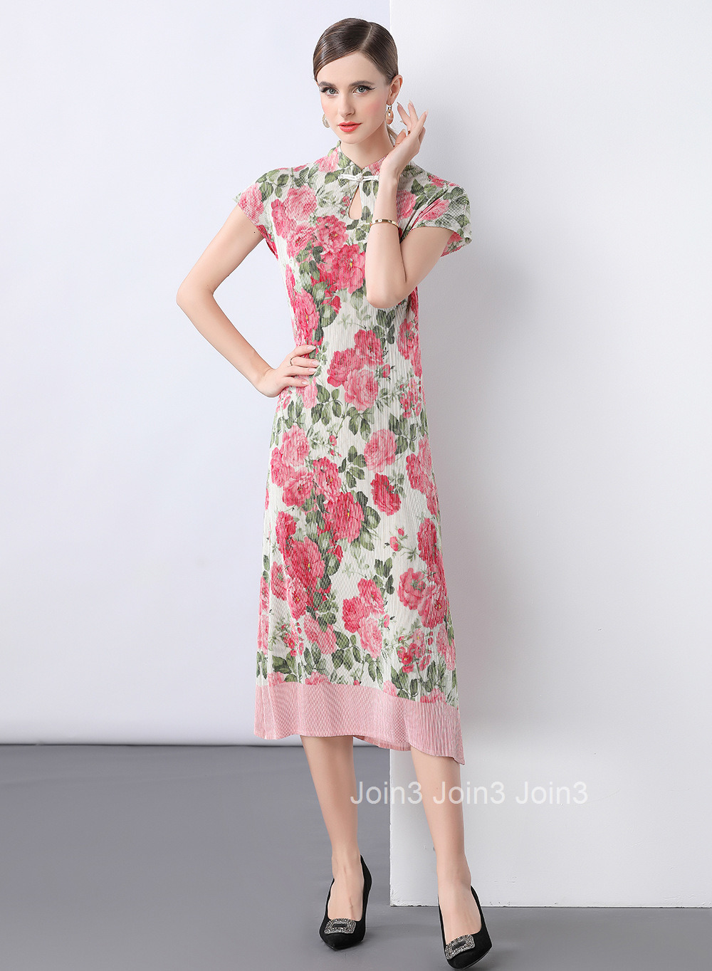 9911 Direct Sales Miyake Pleated Gold Spray Cheongsam Dress