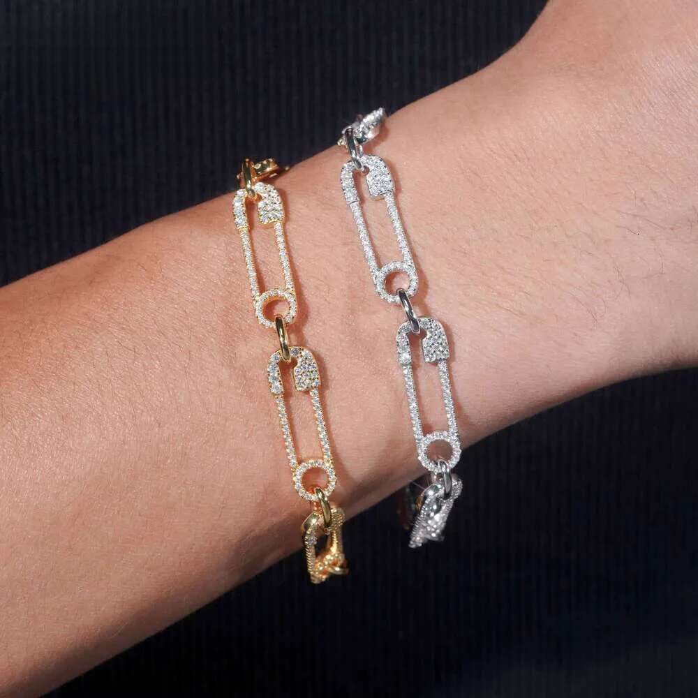 Hip Hop Jewelry Fashion Paper Clip Style Sier Gold Plated Iced Out Moissanite Tennis Bracelet Gifts