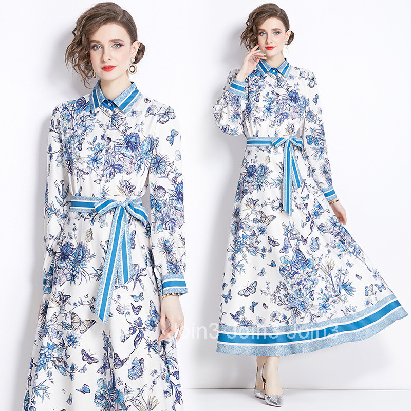3935 Summer New Womens Fashion Printed Turn-Down Collar Long Sleeve Long Dress with Belt