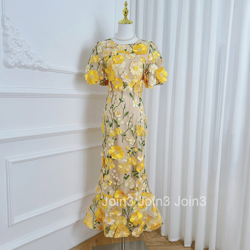 597 Heavy Craft Handmade Three-Dimensional Colorful Embroidery Puff Sleeve Bodycon Elegant Mermaid Dress