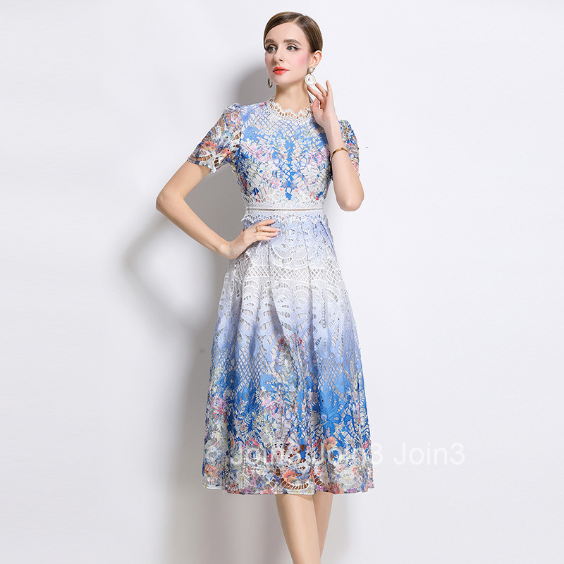 706 Fashion Slimming Hollow Water-Soluble Lace Positioning Printed Mid-Length Dress