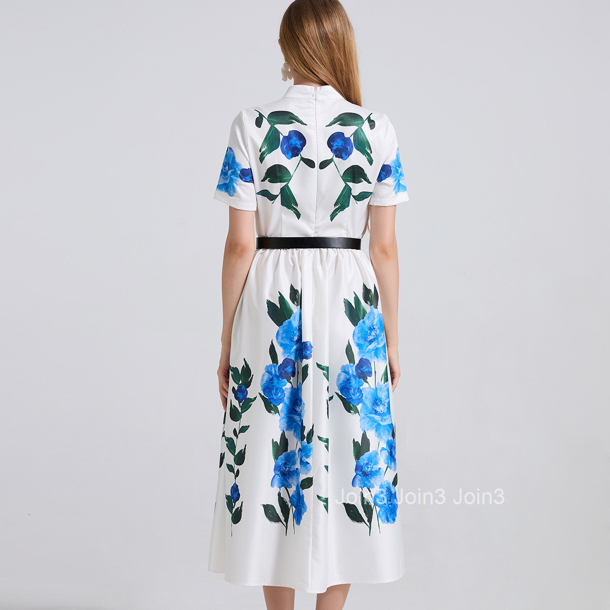 798 Summer New Printed Shirt Slim Dress High Waist Short Sleeve Dress with Belt